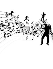 Easy to edit vector illustration of wavy musical notes with dancer