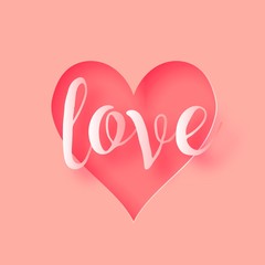 3d abstract paper cut illustration of pink heart shape with love lettering. Vector colorful greeting card template