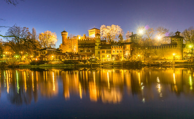 Fototapeta na wymiar Castle at the park of valentino in turin. Panorama of Turin
