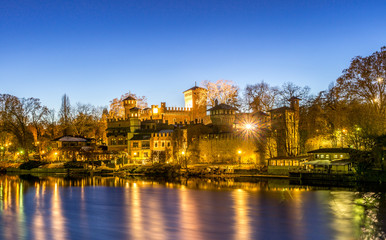 Fototapeta premium Castle at the park of valentino in turin. Panorama of Turin