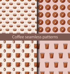 Coffee seamless pattern set. Vector colored set of modern patterns with coffee beans, cups and cakes. All patterns are included in swatch menu.