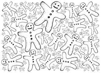 Hand Drawn of Christmas Gingerbread Man Cookies Background