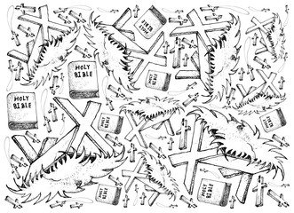 Naklejka premium Hand Drawn of Manger with Bible and Wooden Cross Background