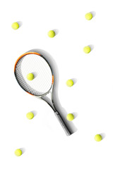 Tennis. Tennis racket and balls the white background. Isolated. Sport