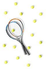 Tennis. Tennis rackets and balls the white background. Isolated. Sport