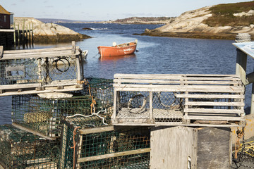 Wooden lobster traps on dock in Peggys Cove, Nova Scotia, Canada