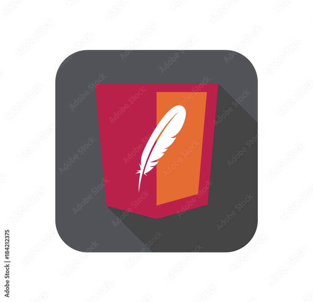 Poster vector web development red shield sign - html5 styled badge with feather shape. isolated icon