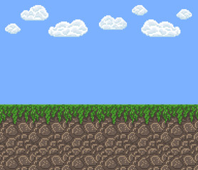 pixel art vector texture - bright day blue sky with clouds green grass land