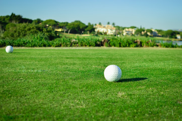 Sunny day and golf field natural scenic outdoors, bright sky background. Sunshine fitness leisure lifestyle space