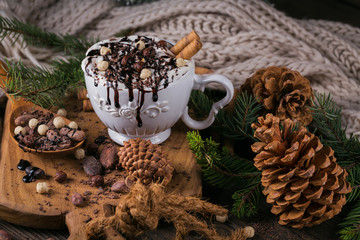 Christmas or New Year composition with hot chocolate or cocoa drink with whipped cream