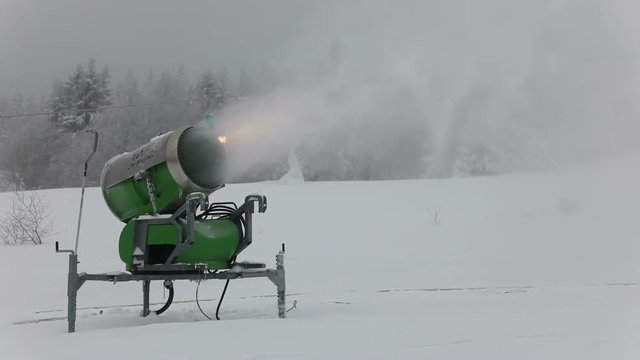 Snow making machine. Snow cannon in mountain, Czech Republic