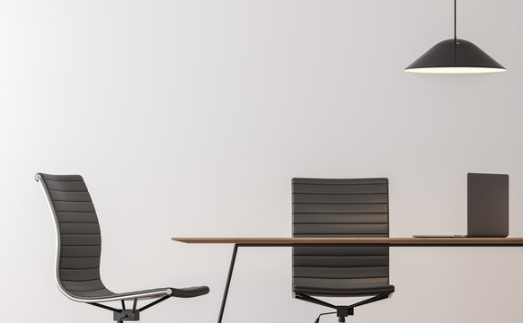 Modern working room interior minimal style image 3d rendering.There are empty white wall,black chair and wood desk