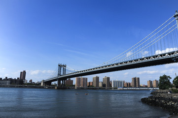 Fototapeta na wymiar Brooklyn Bridge from Brooklyn side. Manhattan skyline view from Brooklyn.