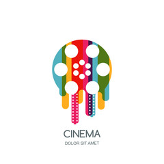 Cinema festival vector logo, icon, emblem design template. Colorful liquid film reel and filmstrip isolated illustration. Home movie time, media and watching video and tv concept.
