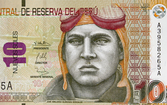 Jose Quinones Gonzales on Peru currency 10 soles (2009) banknote, Peruvian money close up..