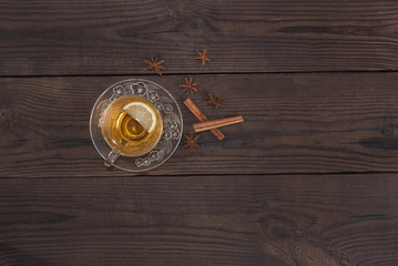 cup of tea on a wooden background