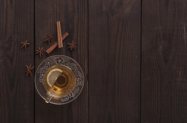 cup of tea on a wooden background