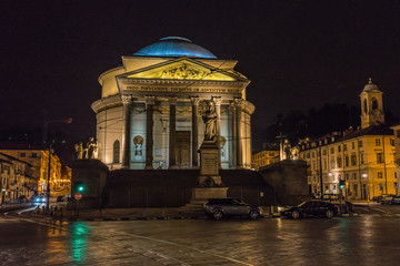Night cityscape with the church La Gran Madre di Dio, Turin, Italy