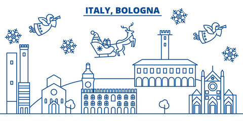 Italy, Bologna winter city skyline. Merry Christmas, Happy New Year decorated banner with Santa Claus.Winter greeting line card.Flat, outline vector. Linear christmas snow illustration © iconsgraph