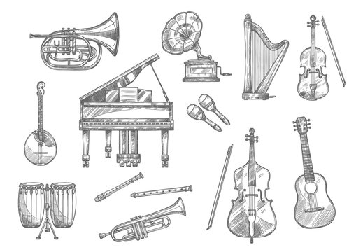 Musical instrument sketch of classic, jazz music