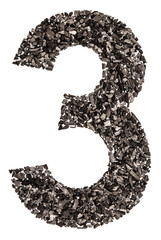 Arabic numeral 3, three, from black a natural charcoal, isolated on white background