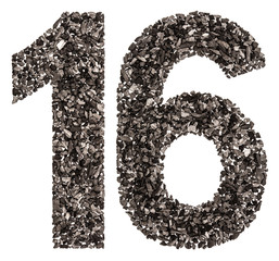 Arabic numeral 16, sixteen, from black a natural charcoal, isolated on white background