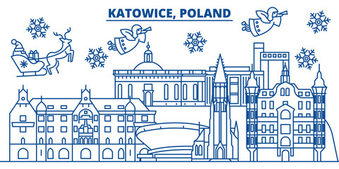 Poland, Katowice winter city skyline. Merry Christmas, Happy New Year decorated banner with Santa Claus.Winter greeting line card.Flat, outline vector. Linear christmas snow illustration