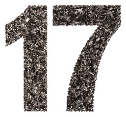 Arabic numeral 17, seventeen, from black a natural charcoal, isolated on white background