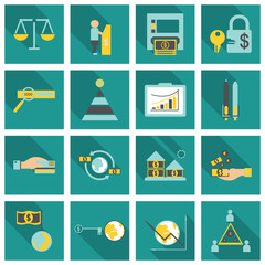 Set of business simple icons. Economic concept in flat style with long shadow