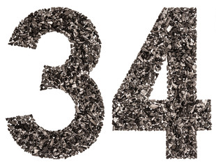 Arabic numeral 34, thirty four, from black a natural charcoal, isolated on white background