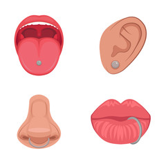  vector illustration of a piercing studio icon, ear, nose, lips and tongue. body parts