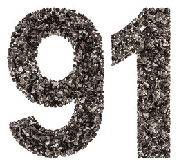 Arabic numeral 91, ninety one, from black a natural charcoal, isolated on white background