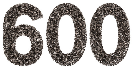 Arabic numeral 600, six hundred, from black a natural charcoal, isolated on white background