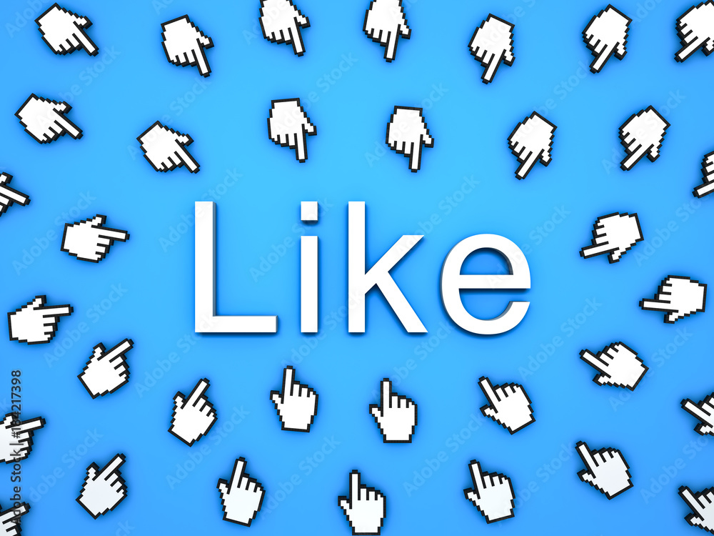 Aufkleber Popular Like concept many hand cursors mouse clicking like button or link on blue background with shadows . 3D rendering.