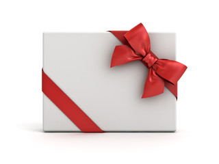 Gift box or present box with red ribbon and bow isolated on white background with shadow . 3D rendering.