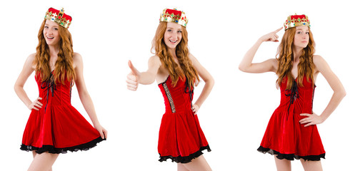 Redhead girl with crown isolated on white