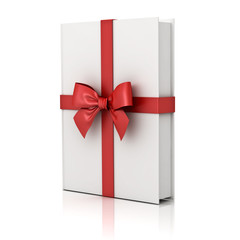 Obraz premium Gift book , blank book with red ribbon and bow isolated on white background with reflection . 3D rendering.