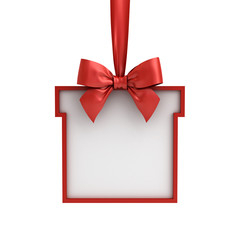 Blank Gift box frame hanging with red ribbon and bow isolated on white background . 3D rendering.