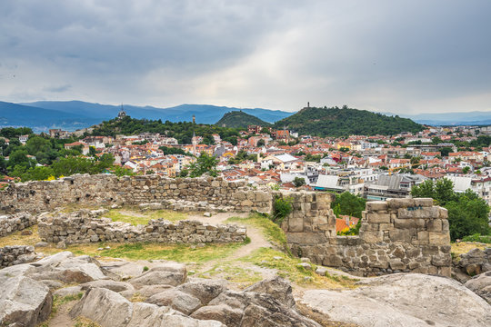 Cityscape with the ruins of the ancient town of Plovdiv on Nebet Tepe hill, Bulgaria