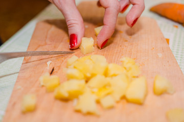 Cut potatoes on slices. Boiled potatoes.