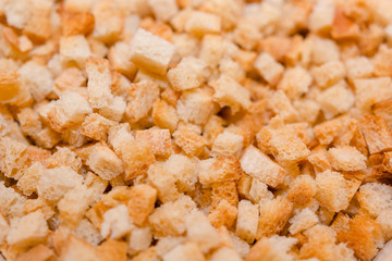 Grain croutons close up. Dry slices of bread.