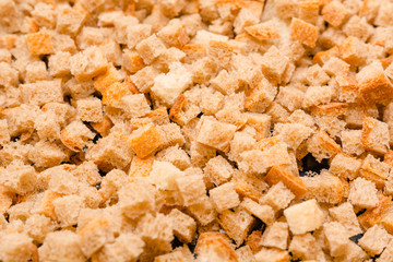 Grain croutons close up. Dry slices of bread.