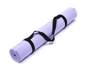 Lavender rolled yoga mat with black handy carrying strap isolated on white background