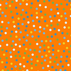 Colorful polka dots seamless pattern on bright 12 background. Divine classic colorful polka dots textile pattern. Seamless scattered confetti fall chaotic decor. Abstract vector illustration.