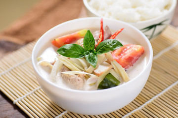 Thai food (Tom Kha Kai), Thai coconut milk soup with chicken and cooked rice