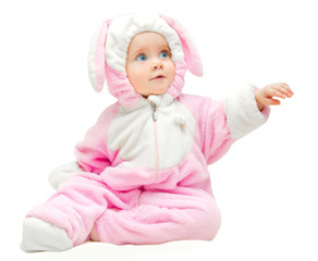 happy little girl in suit of pink rabbit