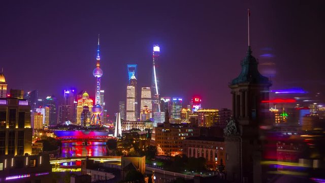 night illuminated shanghai city downtown pudong rooftop reflection panorama 4k timelapse china
