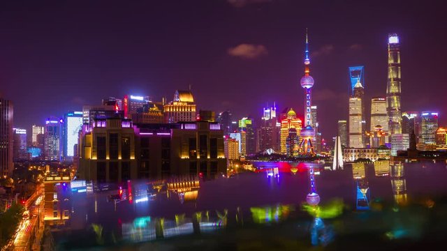 bright night shanghai city downtown pudong rooftop reflection panorama 4k timelapse china
