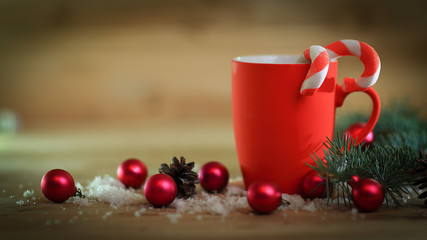 Christmas card. Christmas mug on Christmas background