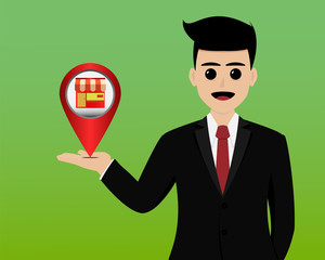 Map pointer icon, Map Marker, Store Location. On hand Young Businessman. Marketing assistance concept.